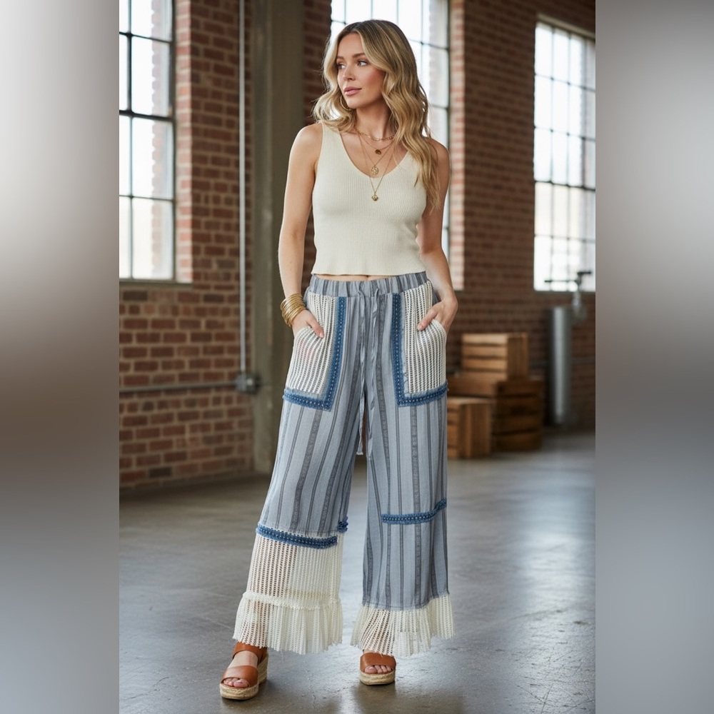 NWT POL Clothing Boho Bohemian Striped Crochet Mesh Patchwork Wide Leg Pants - Picture 4 of 11